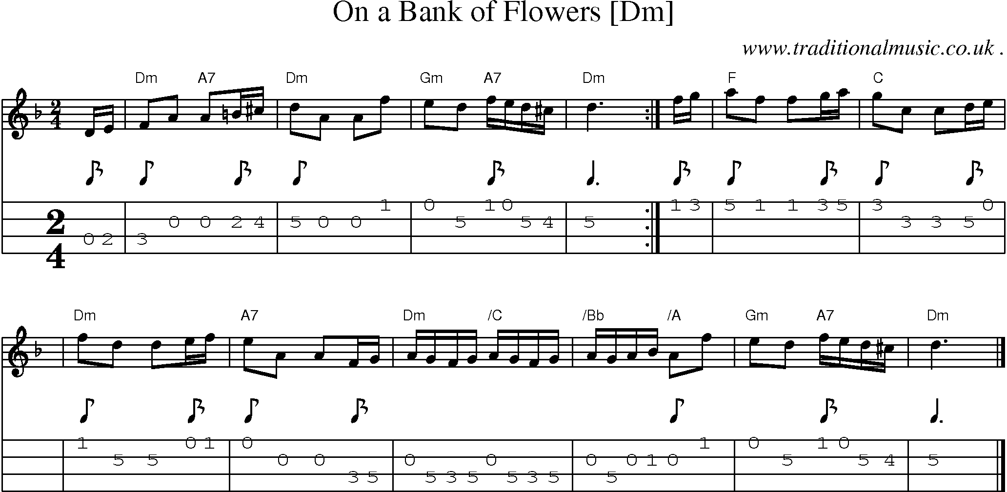 Sheet-music  score, Chords and Mandolin Tabs for On A Bank Of Flowers [dm]